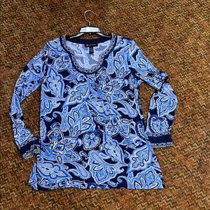 INC International Concepts Navy and Light Blue Paisley Blouse